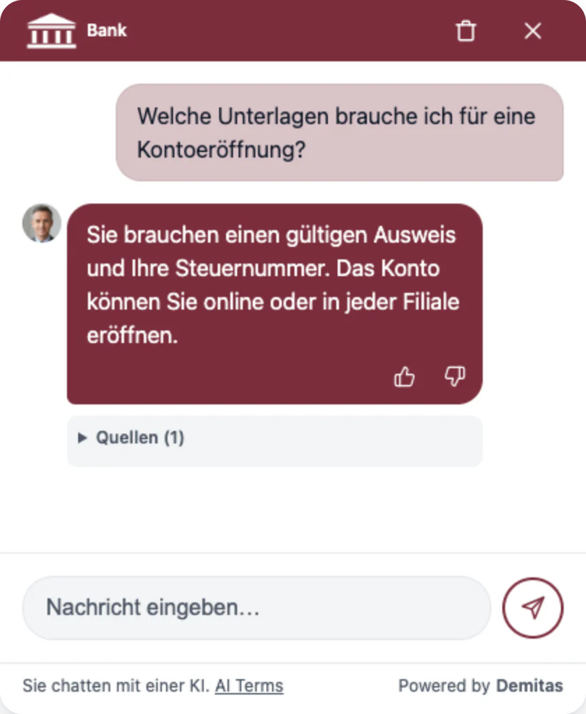 Der Demitas AI Assistant mit Logo, Farben und Avatar einer Bank beantwortet, welche Unterlagen für eine Kontoeröffnung nötig sind