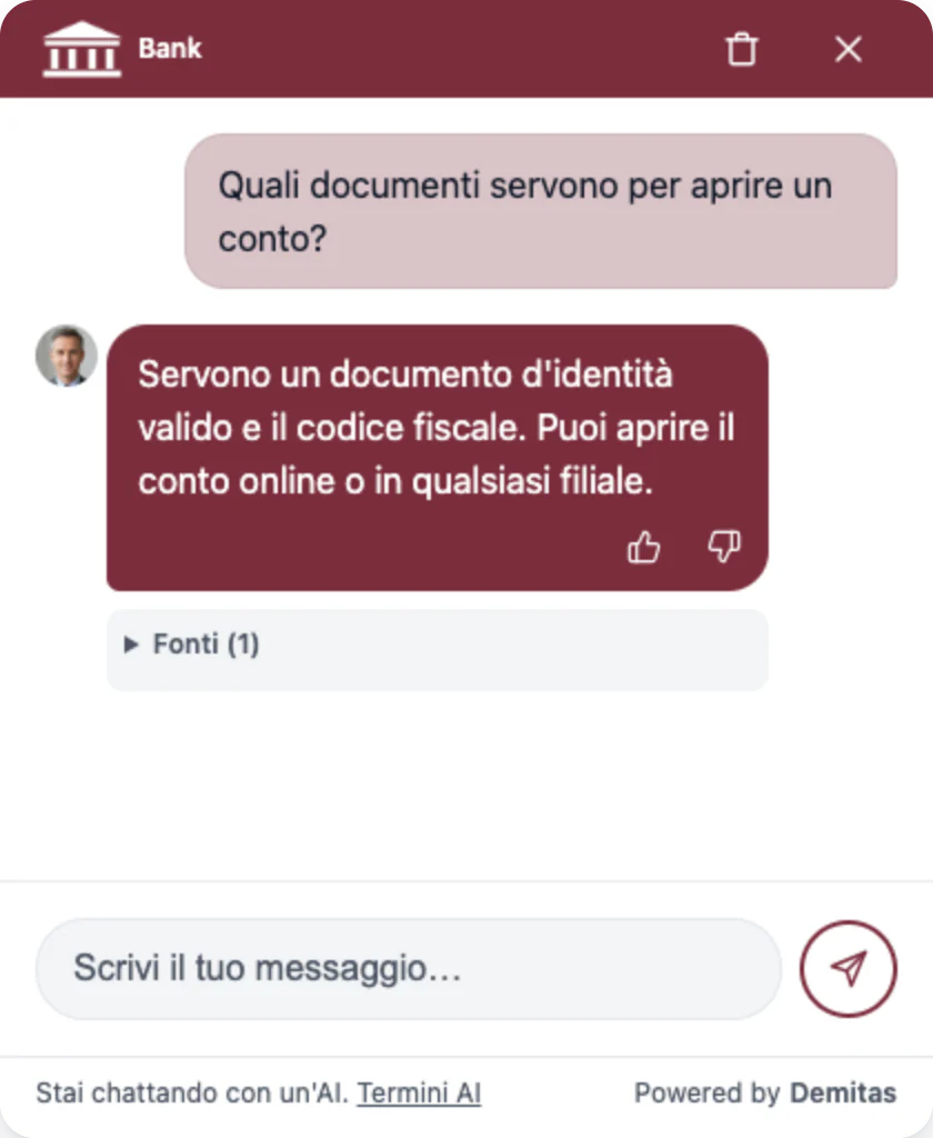 Demitas AI Assistant con logo, colori e avatar di una banca risponde quali documenti servono per aprire un conto