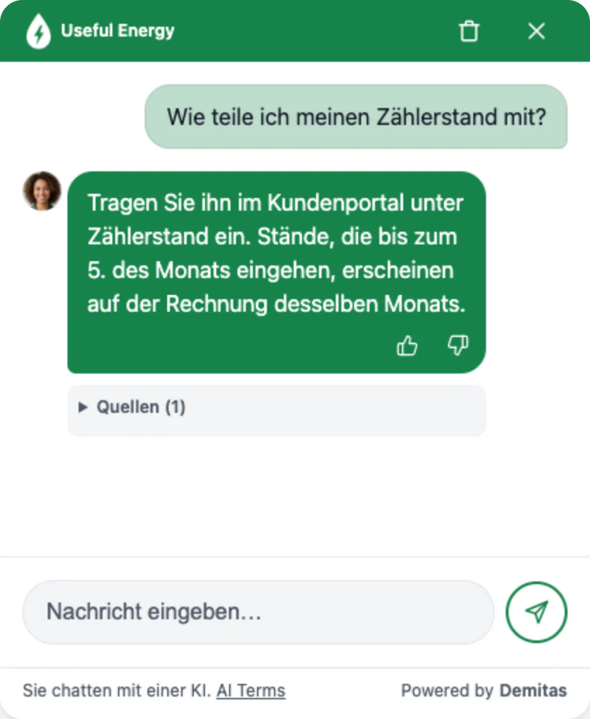 Der Demitas AI Assistant mit Logo, Farben und Avatar eines Energieversorgers beantwortet, wie man den Zählerstand mitteilt