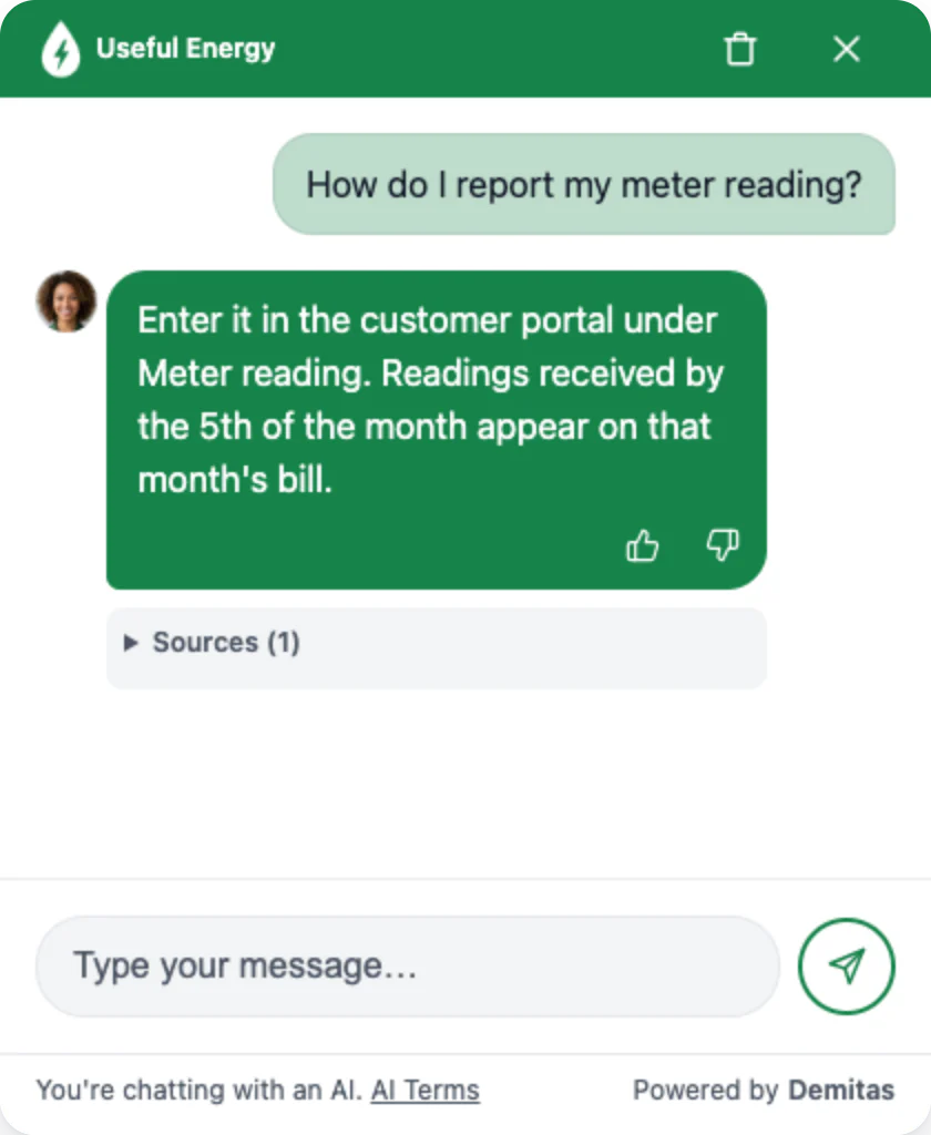 The Demitas AI Assistant with an energy supplier's logo, colours and avatar, answering how to report a meter reading