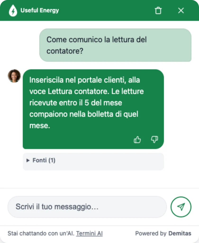 Demitas AI Assistant con logo, colori e avatar di un fornitore di energia risponde come comunicare la lettura del contatore