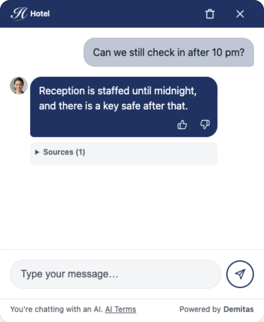 The Demitas AI Assistant with a hotel's logo, colours and avatar, answering whether guests can still check in late